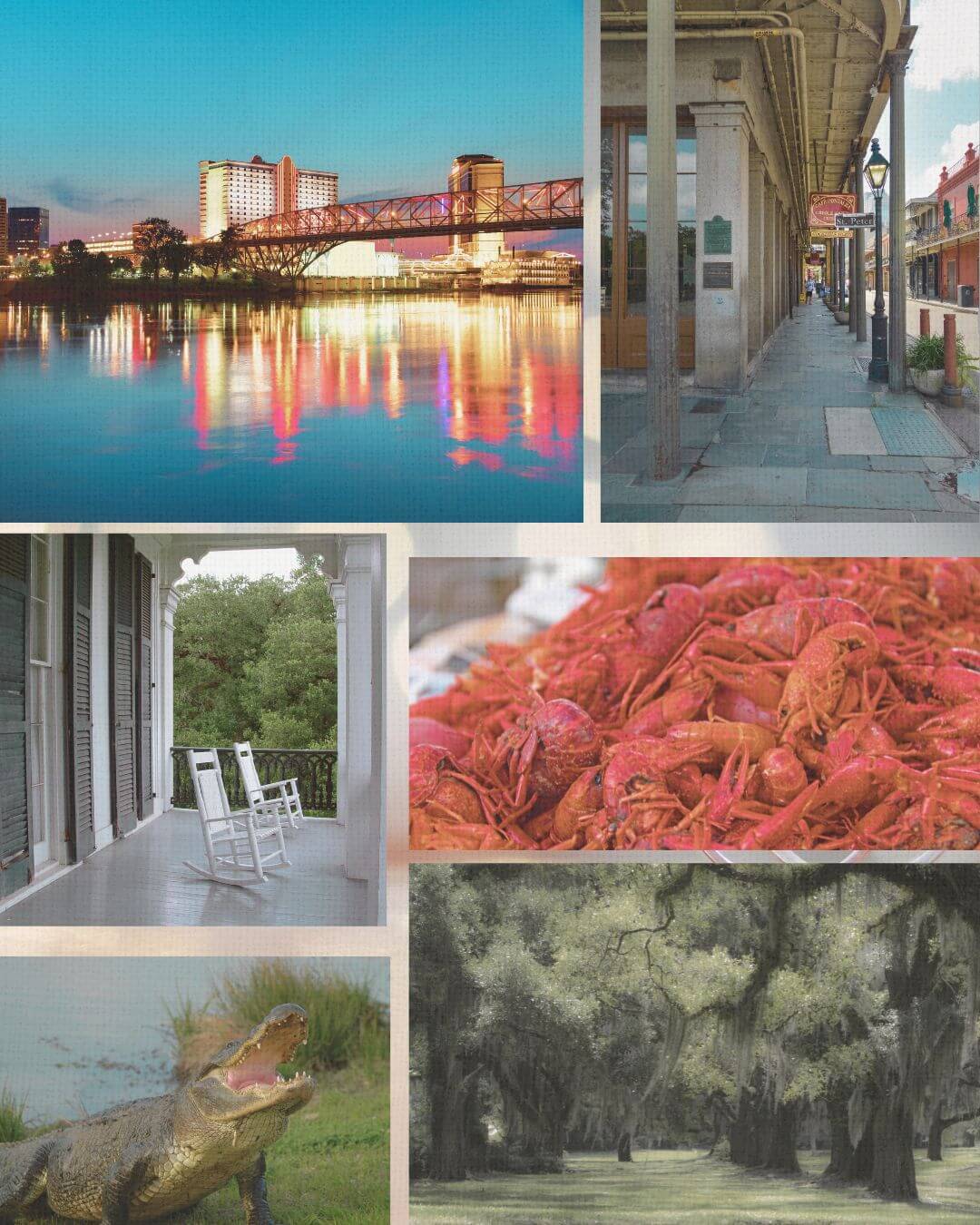 Collage of Louisiana imagery, including the Shreveport skyline at night, French Quarter architecture, plantation porch with rocking chairs, boiled crawfish, cypress swamp, and an alligator in the wild.